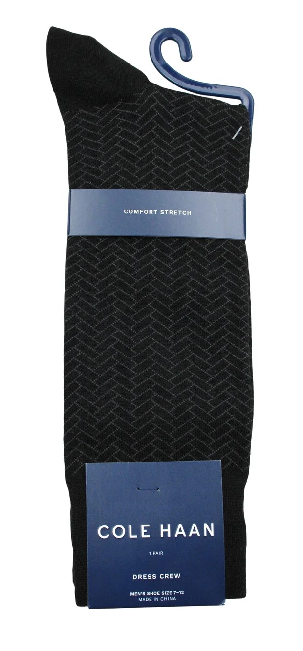 Cole Haan Socks Mens 7-12 Black Herringbone Dress Crew Mid Calf Comfort Stretch